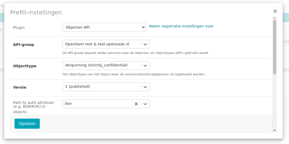 Screenshot van de geselecteerde opties in de dropdowns.