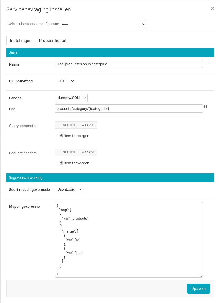 screenshot van de servicebevraging "Haal producten in gekozen categorie op"