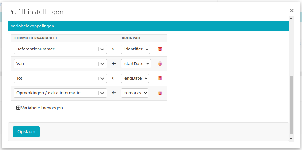 Screenshot met de variabelekoppelingen in een tabel.
