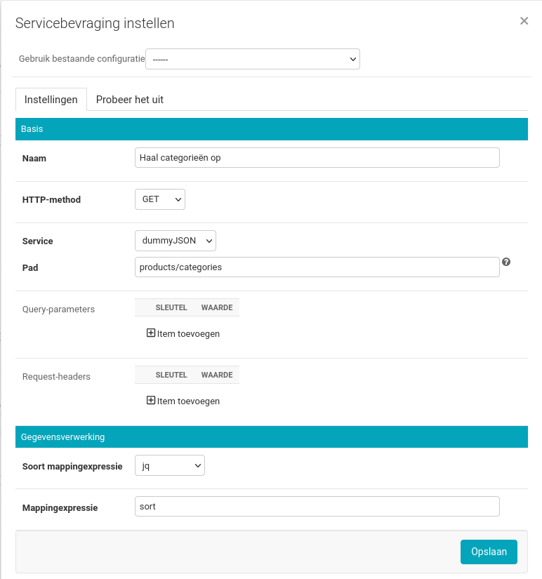 screenshot van de servicebevraging "Haal categorieën op"
